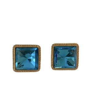 Vintage KJL Kenneth Jay Lane large square blue stone gold earrings